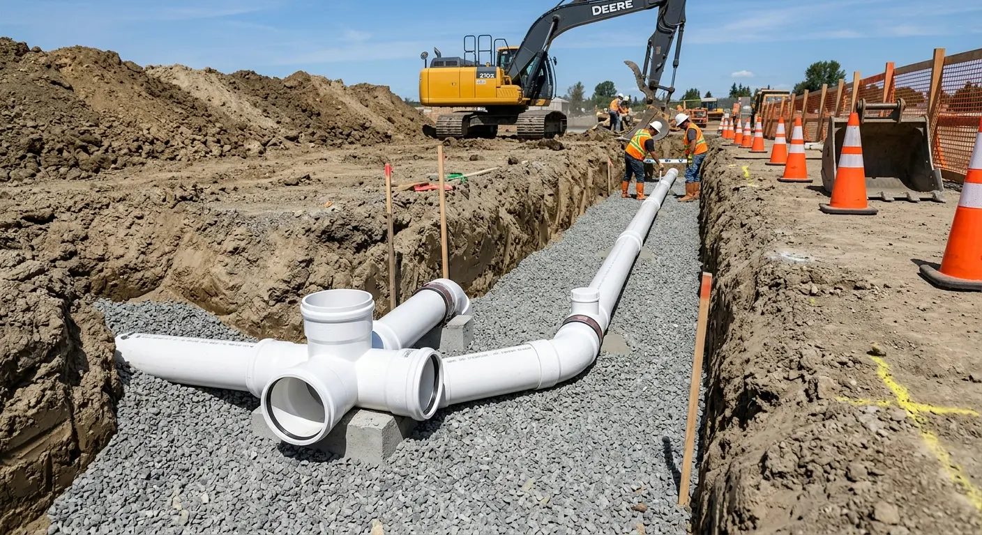 New PVC sewer pipe installation in open trench for Commercial Drain Cleaning in Richland