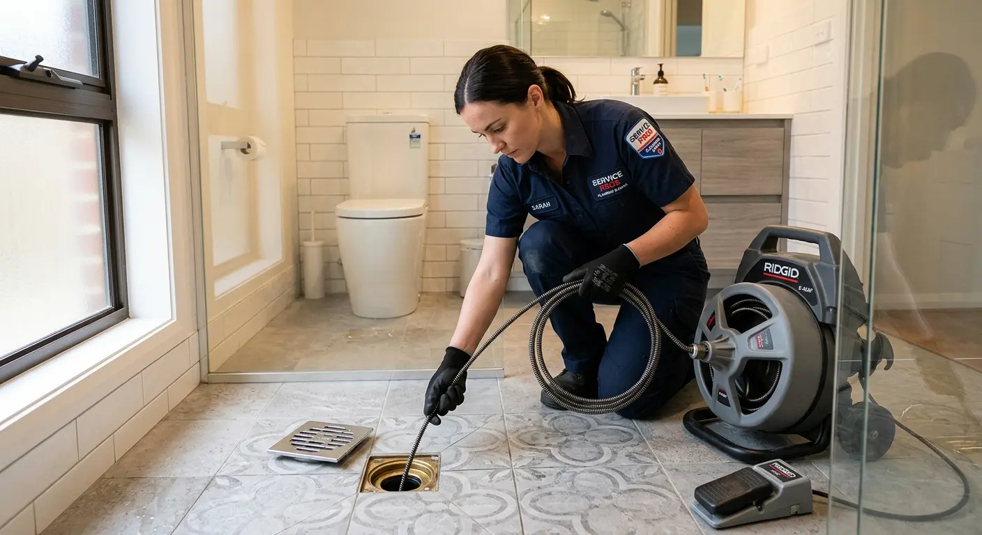 Technician clearing a bathroom floor drain for Hydro Jetting in Richland